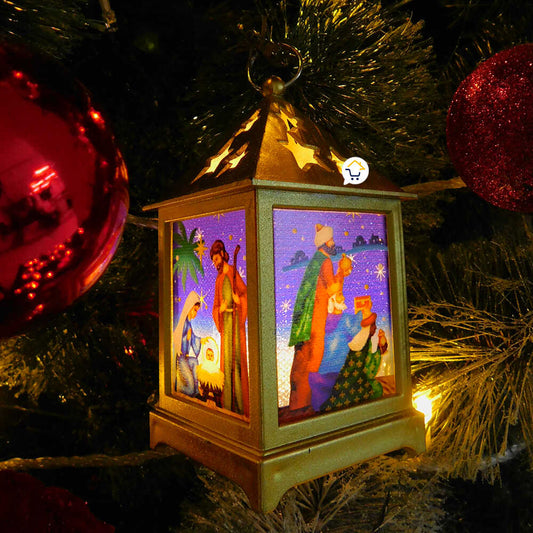 Pesebre En Farol Cuadrado Con Luz LED